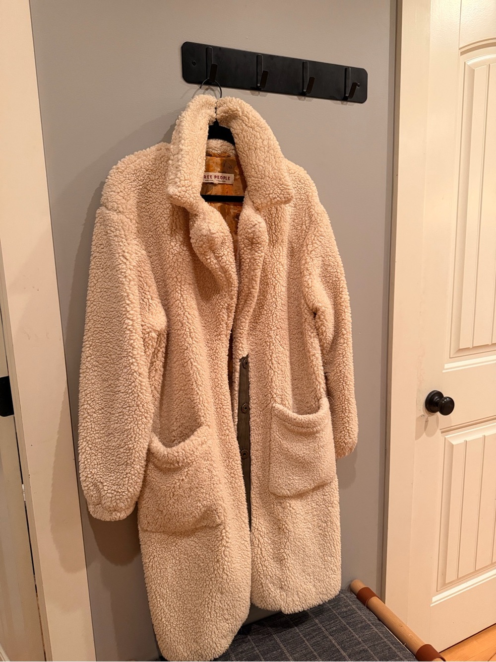 Free People Teddy Sherpa Coat S Cream Oversized Longline Printed Lining